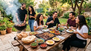 חברים יושבים יחד לארוחת על האש עם בשרים, ירקות, מטבלים ומאפים תימניים מסורתיים
