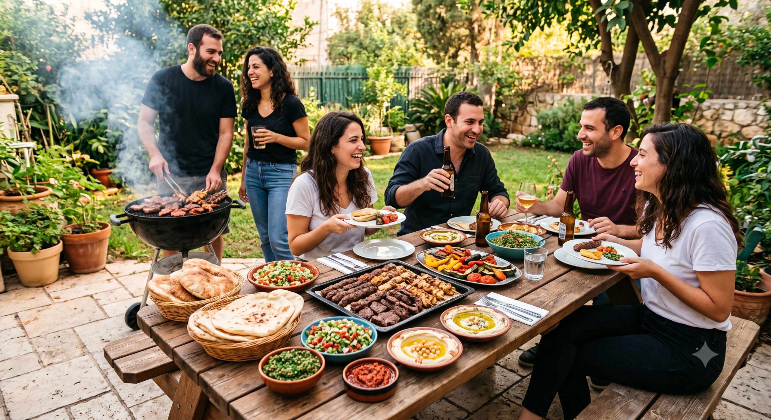 חברים יושבים יחד לארוחת על האש עם בשרים, ירקות, מטבלים ומאפים תימניים מסורתיים