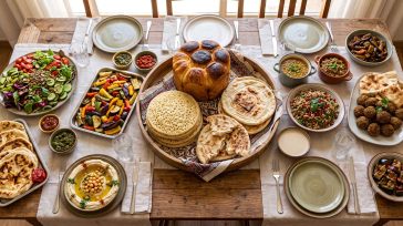 שולחן עם מגוון מנות טבעוניות ומאפים תימניים מסורתיים